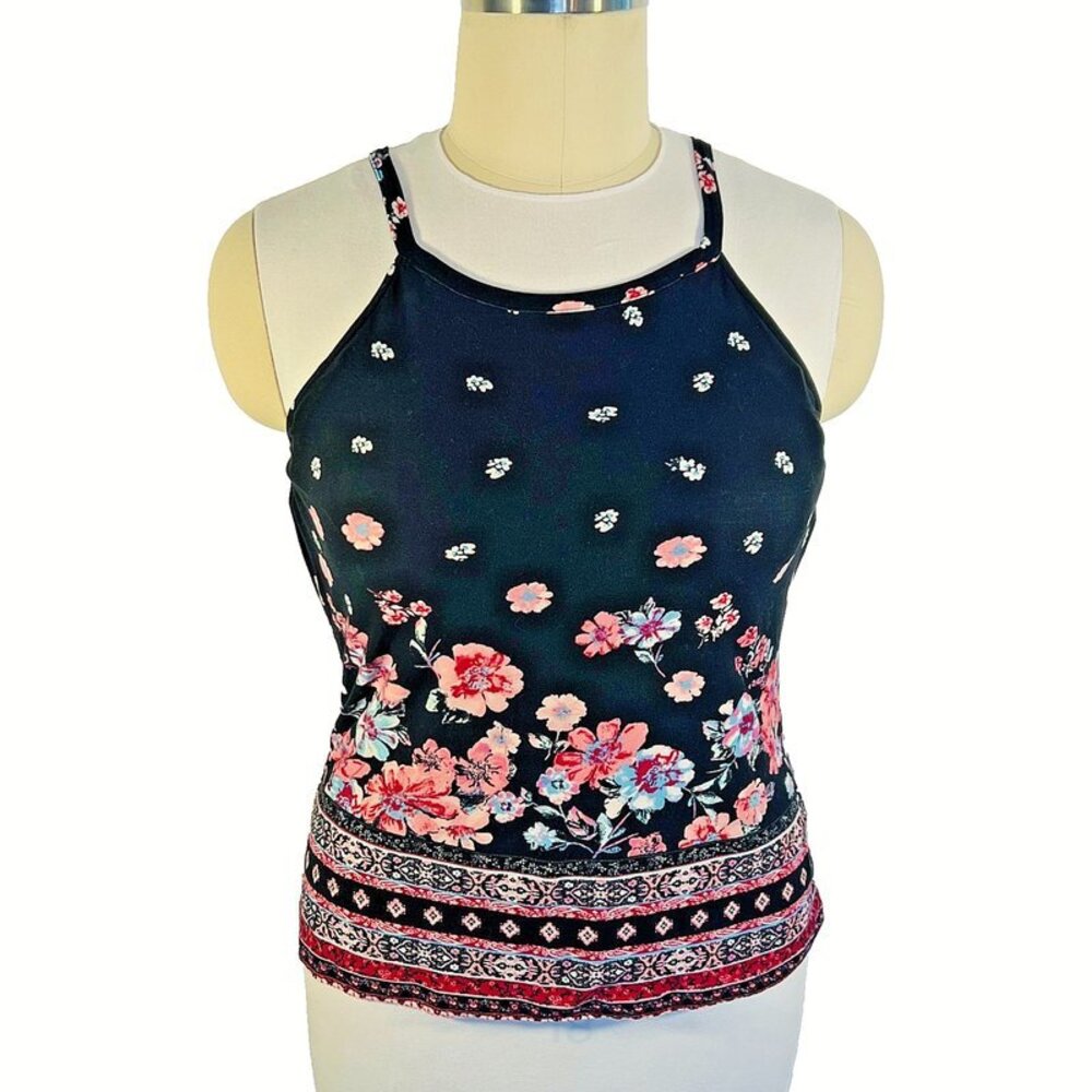 No Boundaries | Tank Top XXL to XXXL Womens Square Neck Black Pink Floral Strap